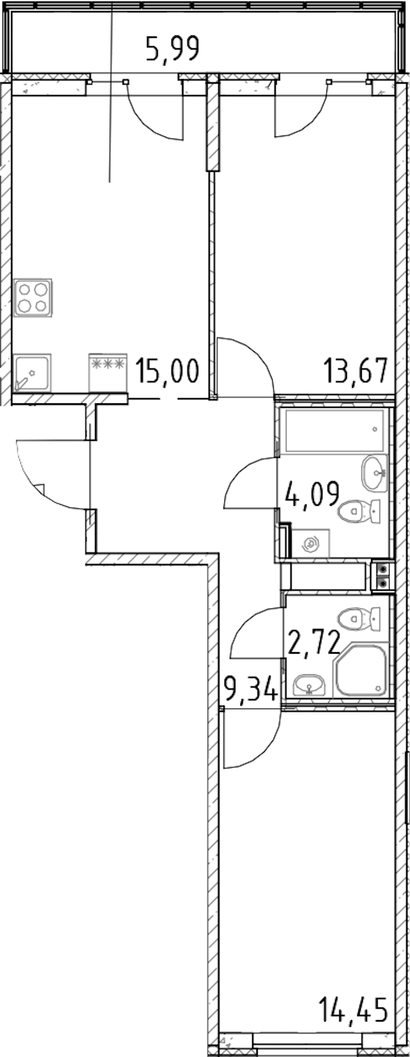 2-комнатная квартира 59.27 м², 21/23 эт., ЖК «Город Первых»